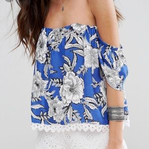 Lovers + Friends Blue Floral Print Off-Shoulder